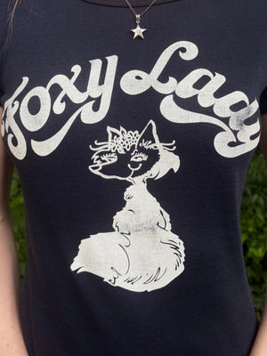 1980s Foxy Lady Black White Tee T Shirt Short Sleeve French Cut Fox Print