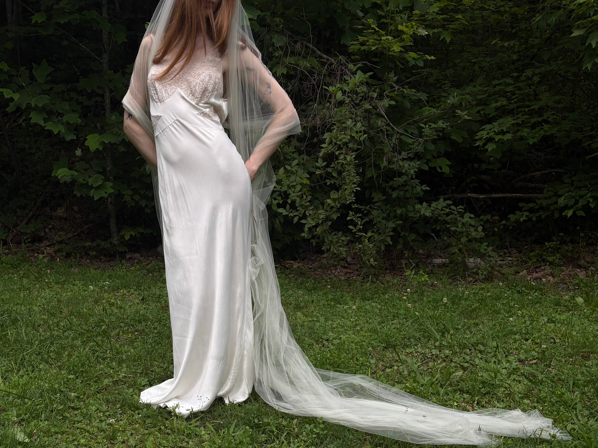 1940s Rayon White Lace Bodice Bias Cut Slip Dress Lace