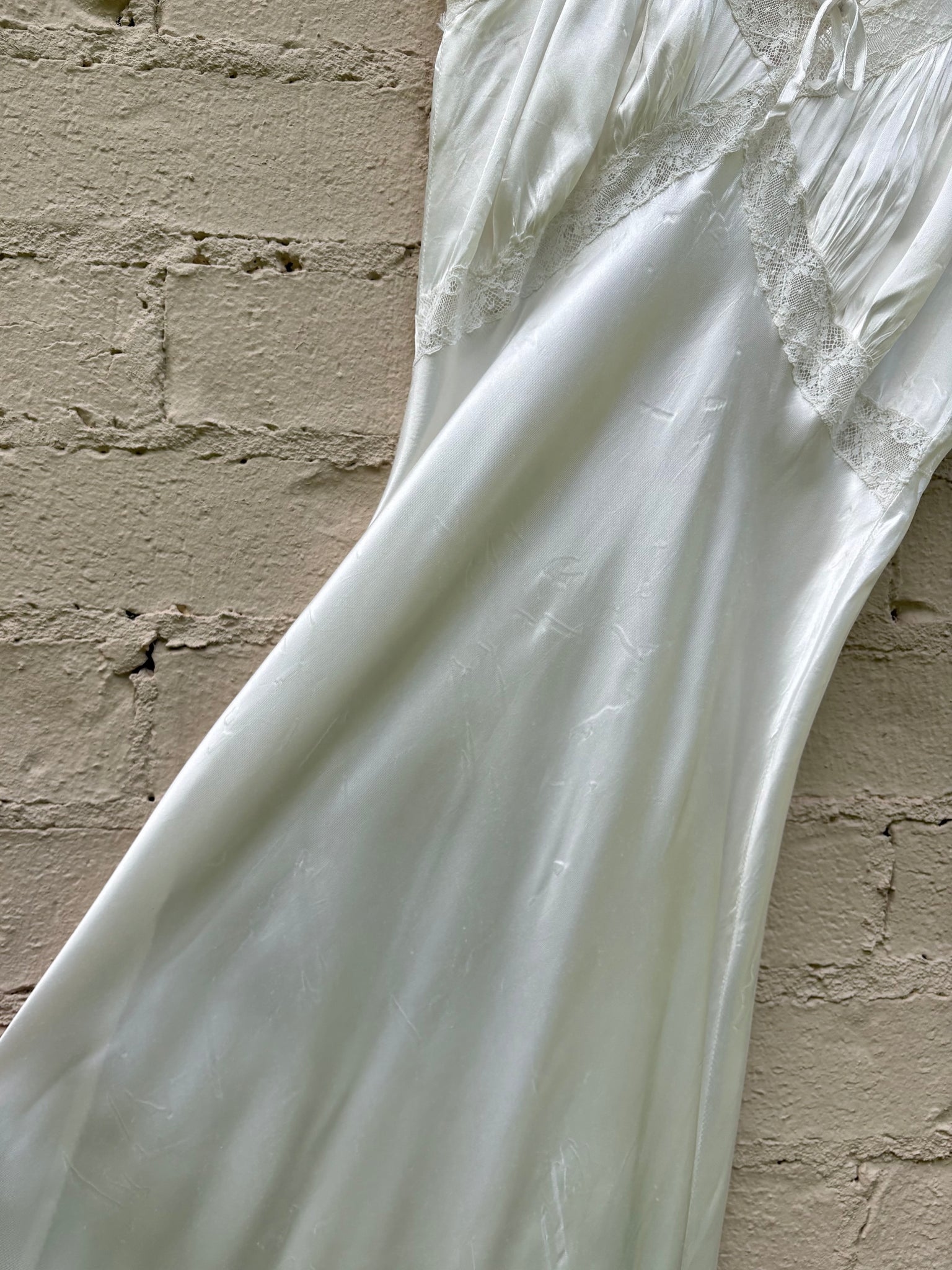1940s Rayon Satin White Bias Cut Slip Dress Lace Wedding Gown