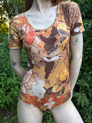1970s Art Nouveau Woman Face Mucha Print Bodysuit