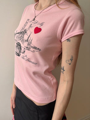 1980s San Francisco Pink Tee T Shirt Short Sleeve French Cut Heart