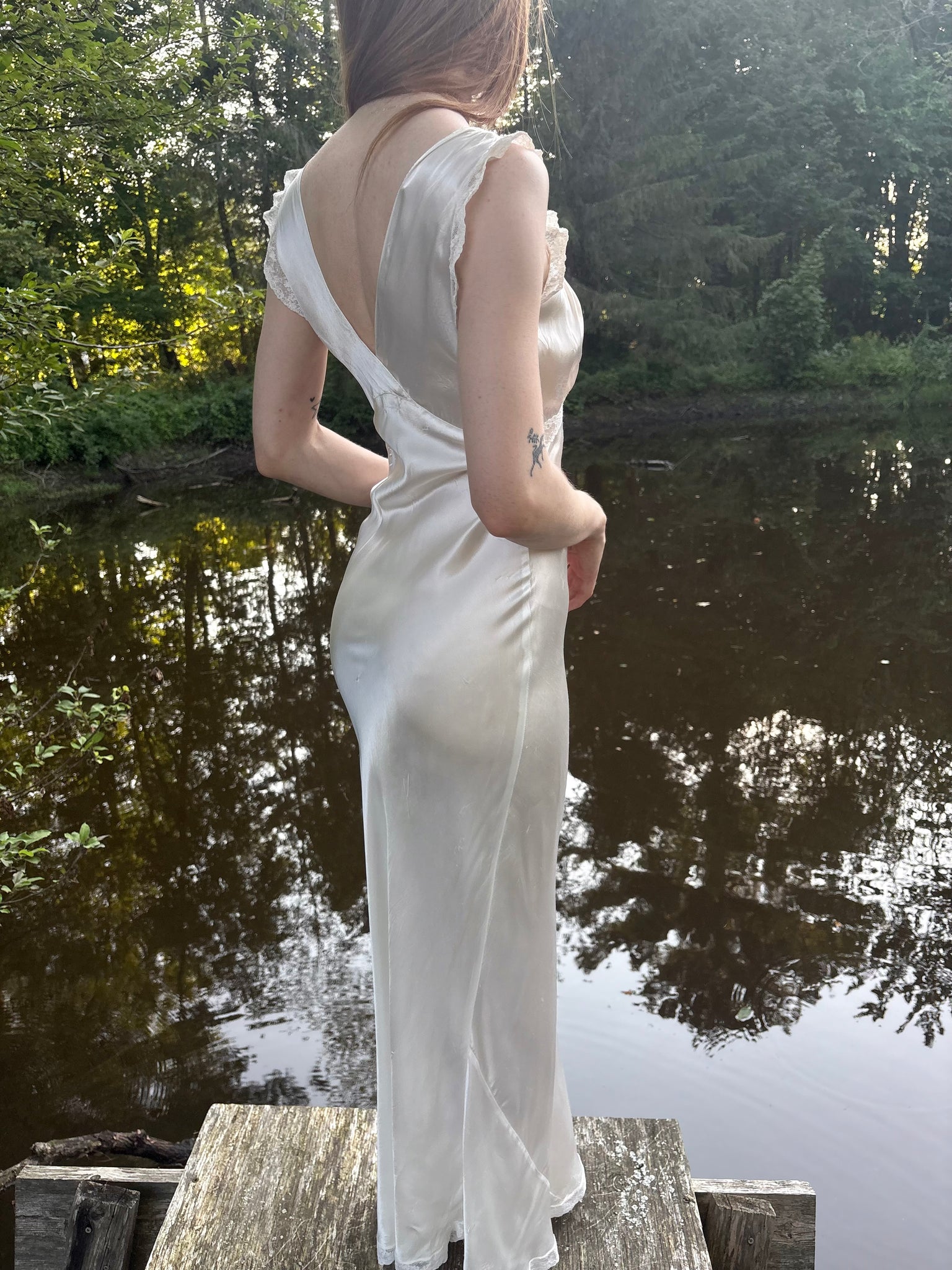 1940s Rayon Satin White Bias Cut Slip Dress Lace Wedding Gown