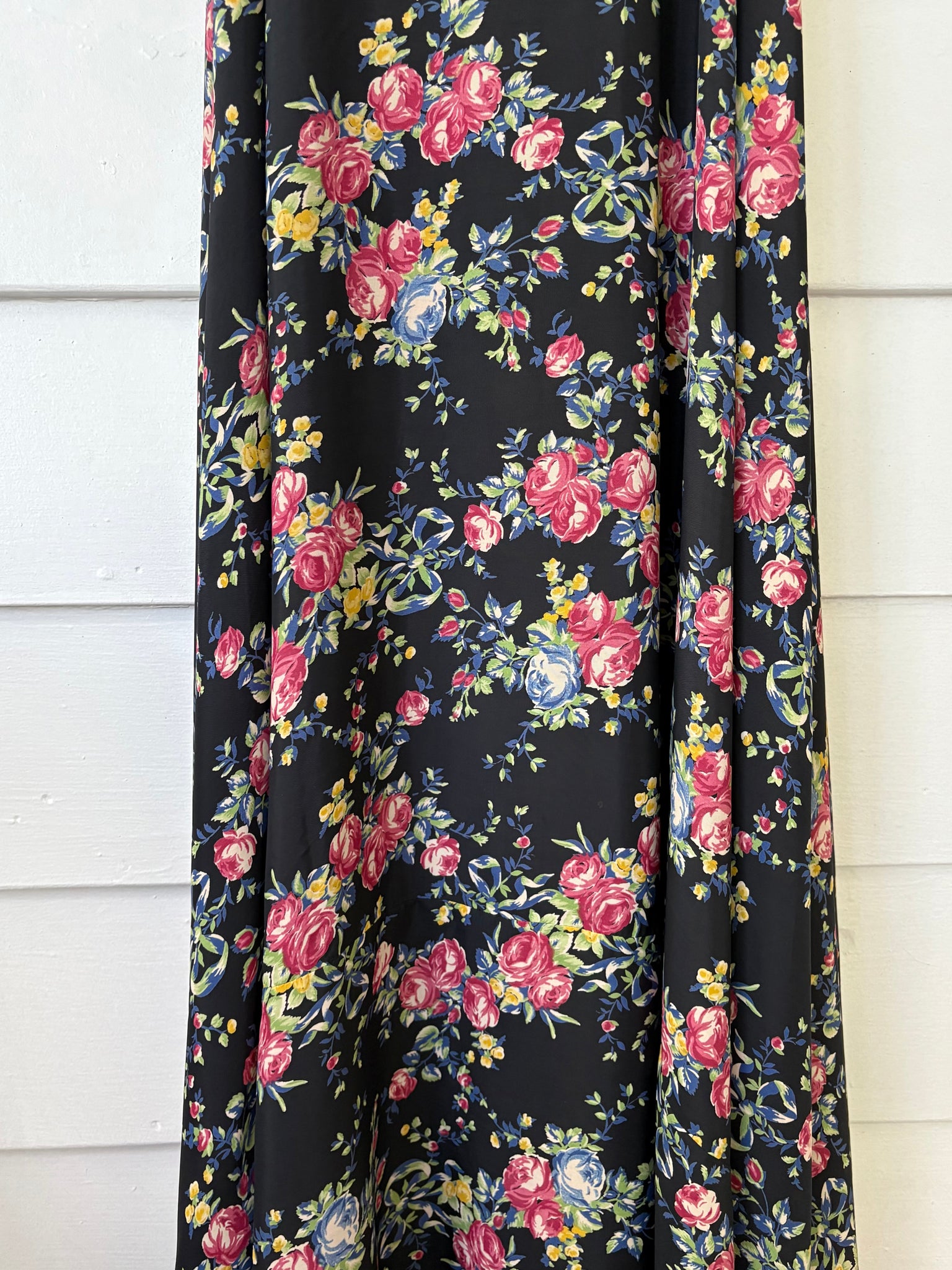 1940s Black Rose Floral Wrap Dress Printed Rayon Puff Sleeve