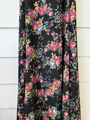 1940s Black Rose Floral Wrap Dress Printed Rayon Puff Sleeve