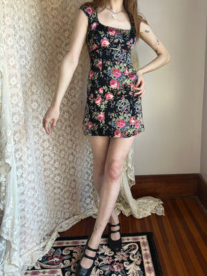 black pink floral dress 1990s Rose Print Black Pink Satin Betsey Johnson Mini Dress – Breath Of the Earth