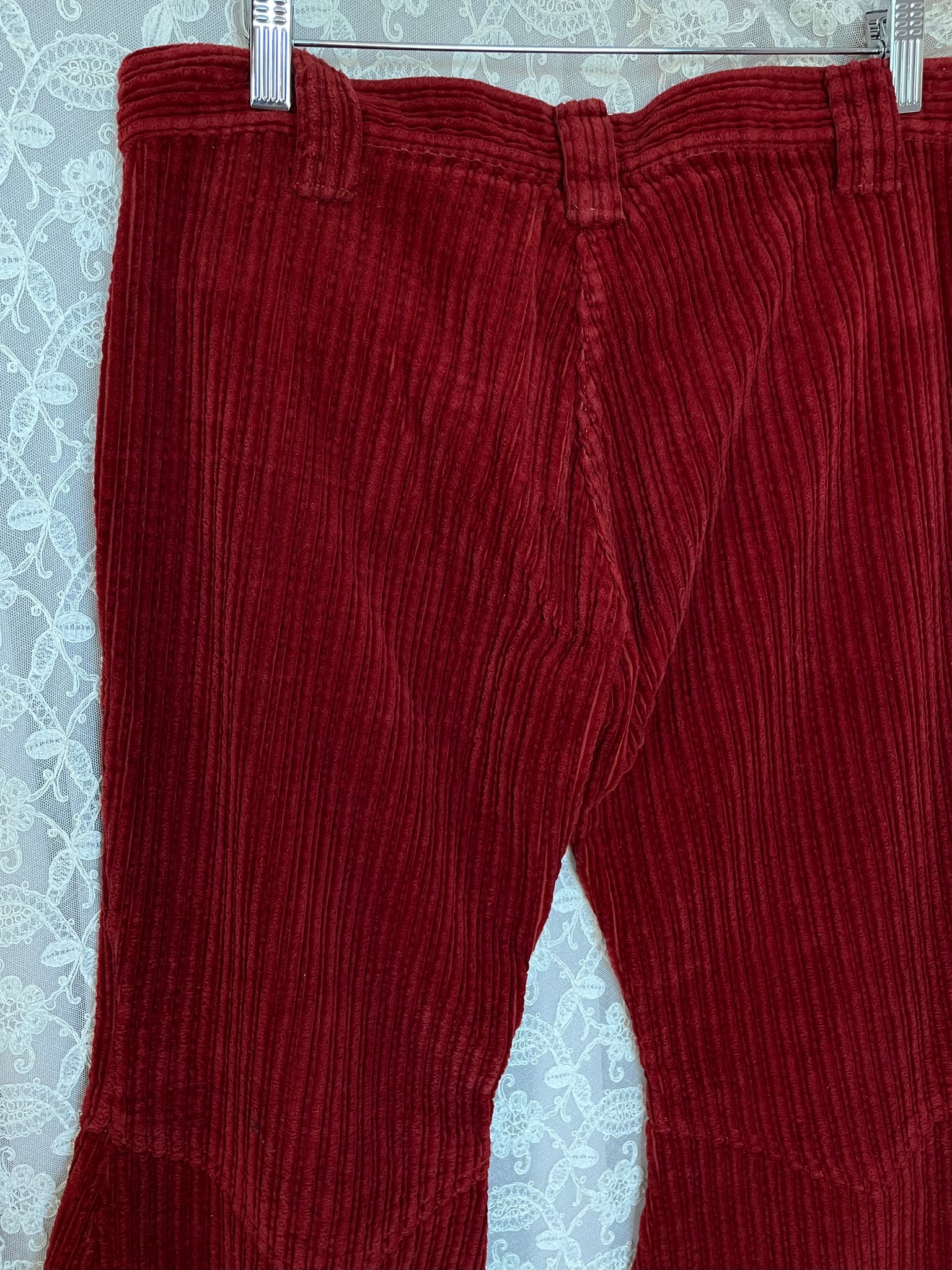 1970s Dark Red Corduroy Pants Wide Leg Bell Bottom