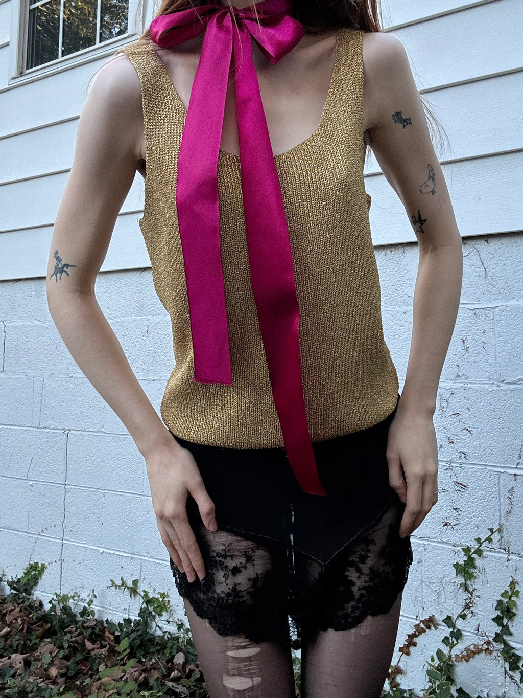 1980s Gold Glitter Sparkle Lurex Knit Sweater Tank Top