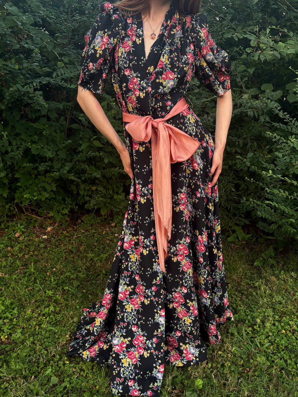 1940s Black Rose Floral Wrap Dress Printed Rayon Puff Sleeve