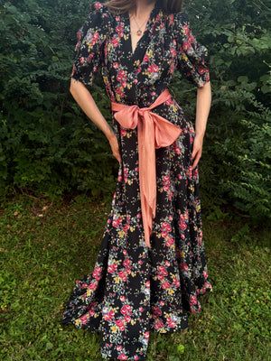 1940s Black Rose Floral Wrap Dress Printed Rayon Puff Sleeve
