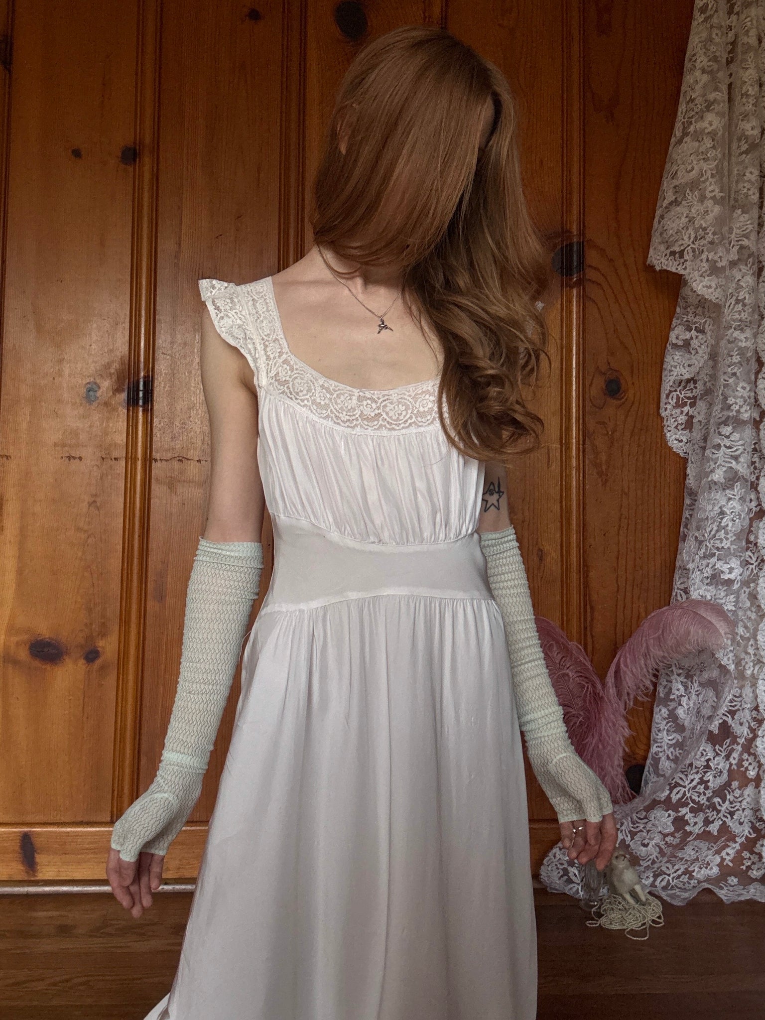 1940s Pale Pink White Lace Bias Cut Slip Dress