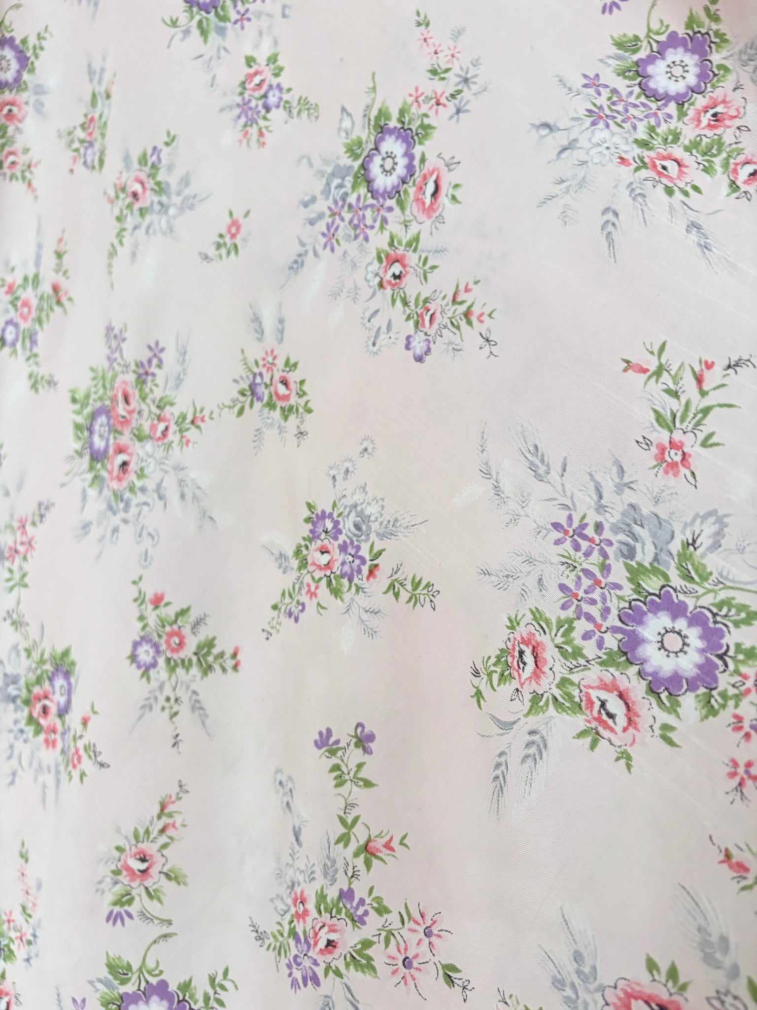 1940s Pink Rose Print Floral Bias Cut Slip Rayon Dress Short Sleeve Button