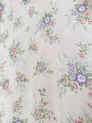 1940s Pink Rose Print Floral Bias Cut Slip Rayon Dress Short Sleeve Button