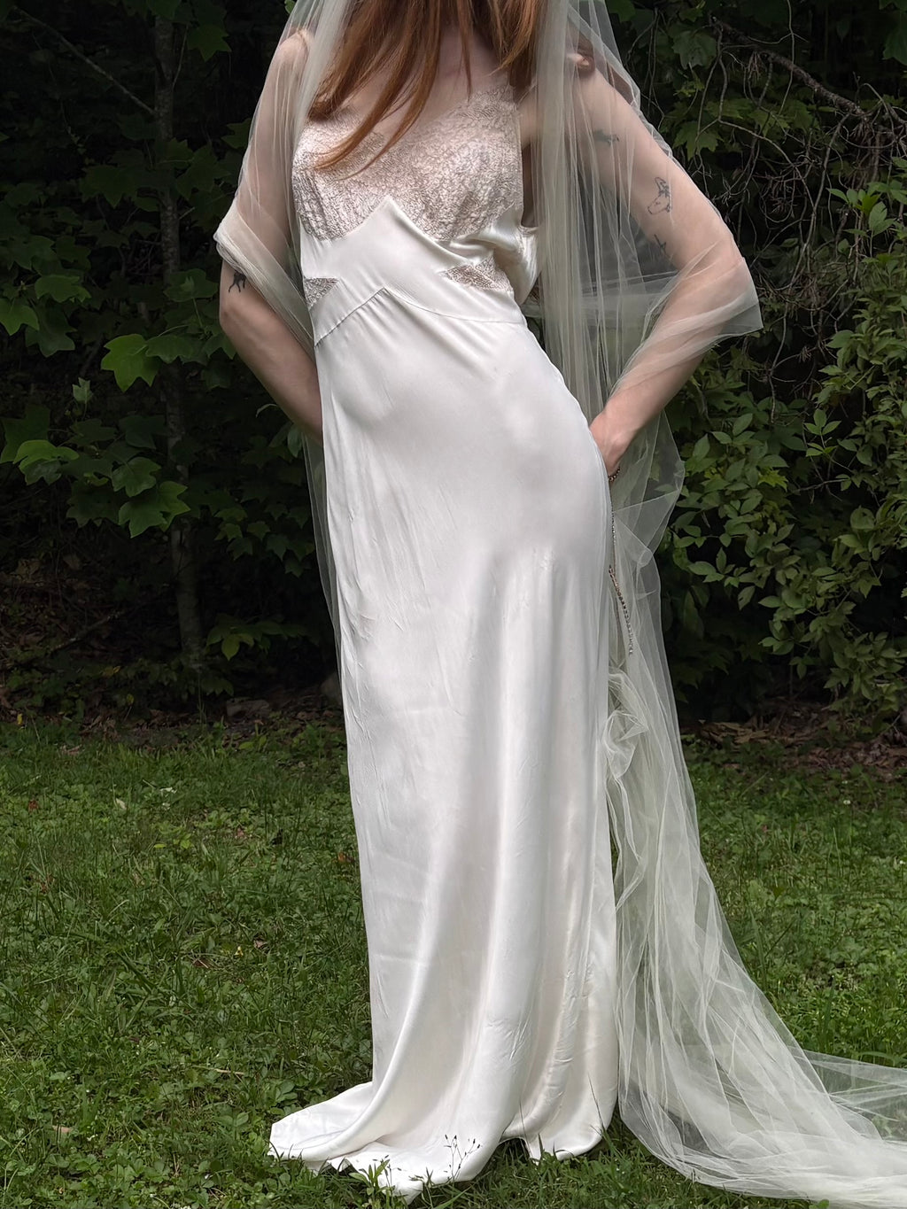 1940s Rayon White Lace Bodice Bias Cut Slip Dress Lace