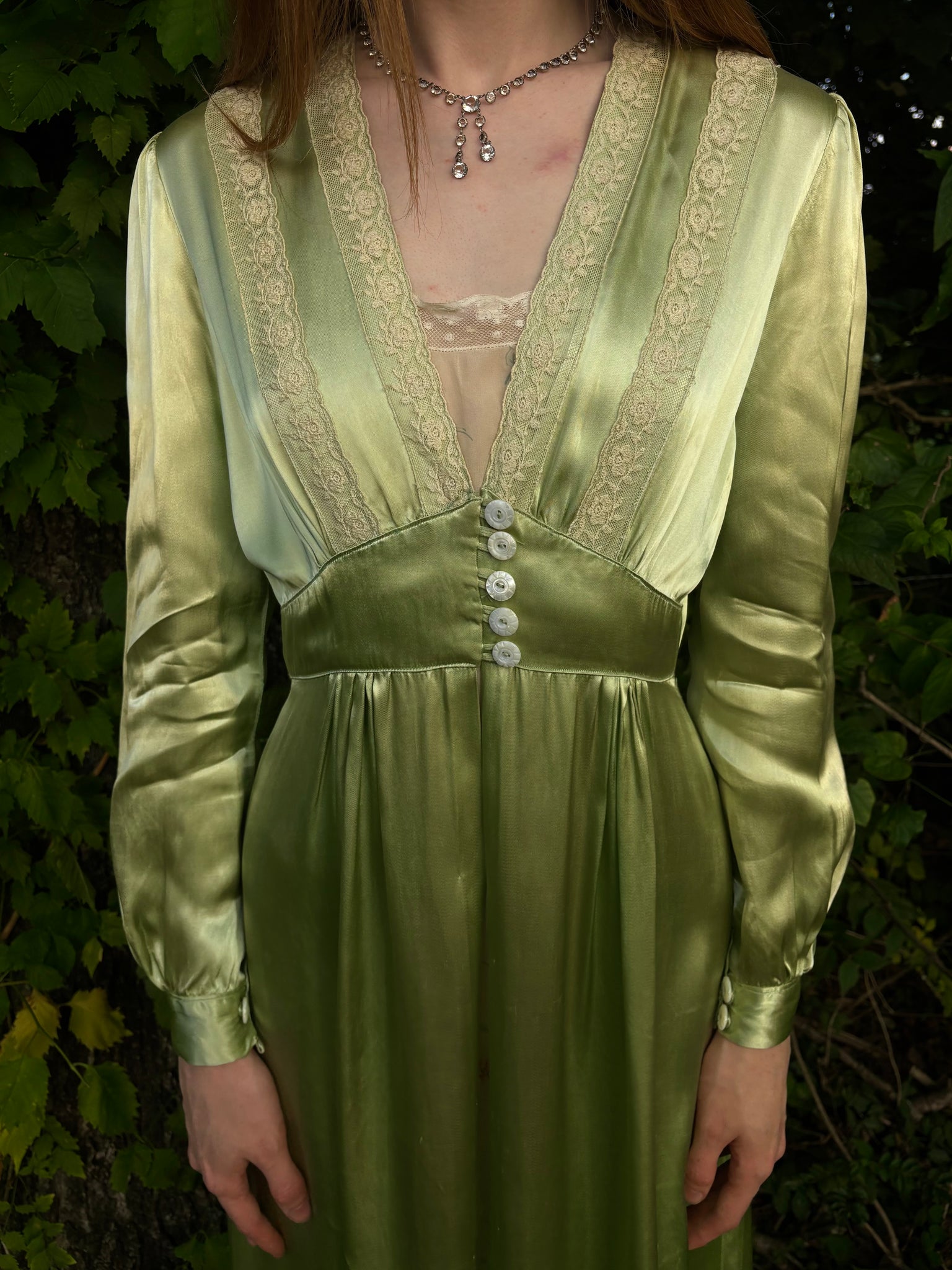 1940s Green Rayon Satin Lace Robe Peignoir