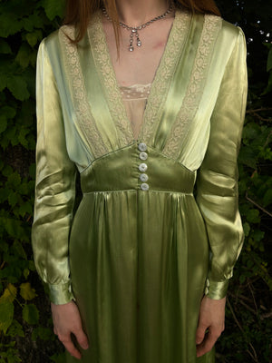 1940s Green Rayon Satin Lace Robe Peignoir