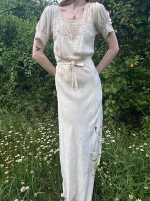 1940s Silk Brocade White Bias Cut Slip Dress Net Mesh Appliqué Lace Wedding Gown Open Sleeves