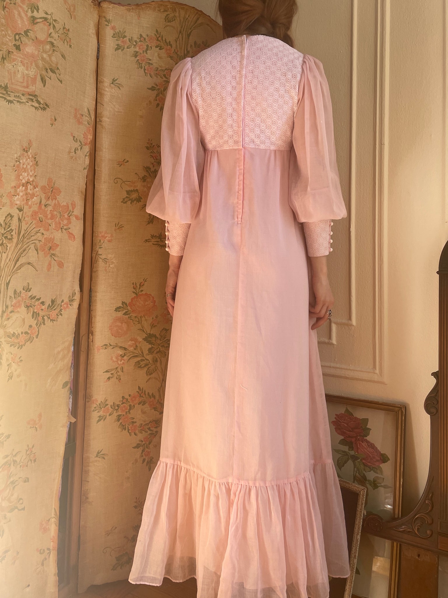 1970s Pink Cotton Gauze Prairie Maxi Dress Balloon Sleeve By Candi Jones California