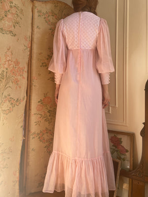 1970s Pink Cotton Gauze Prairie Maxi Dress Balloon Sleeve By Candi Jones California