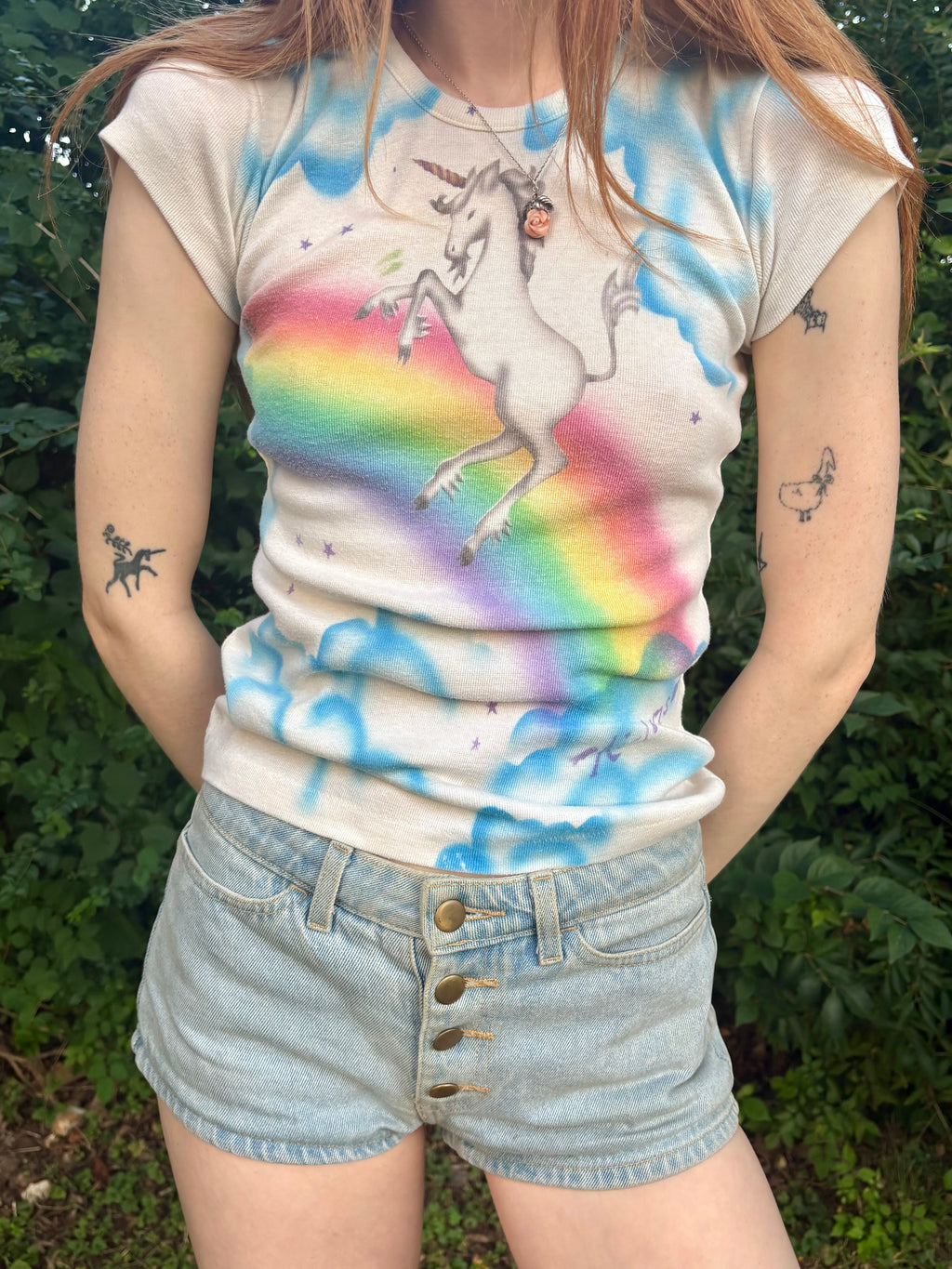 1980s Unicorn Pink Tee T Shirt Short Sleeve French Cut Airbrush