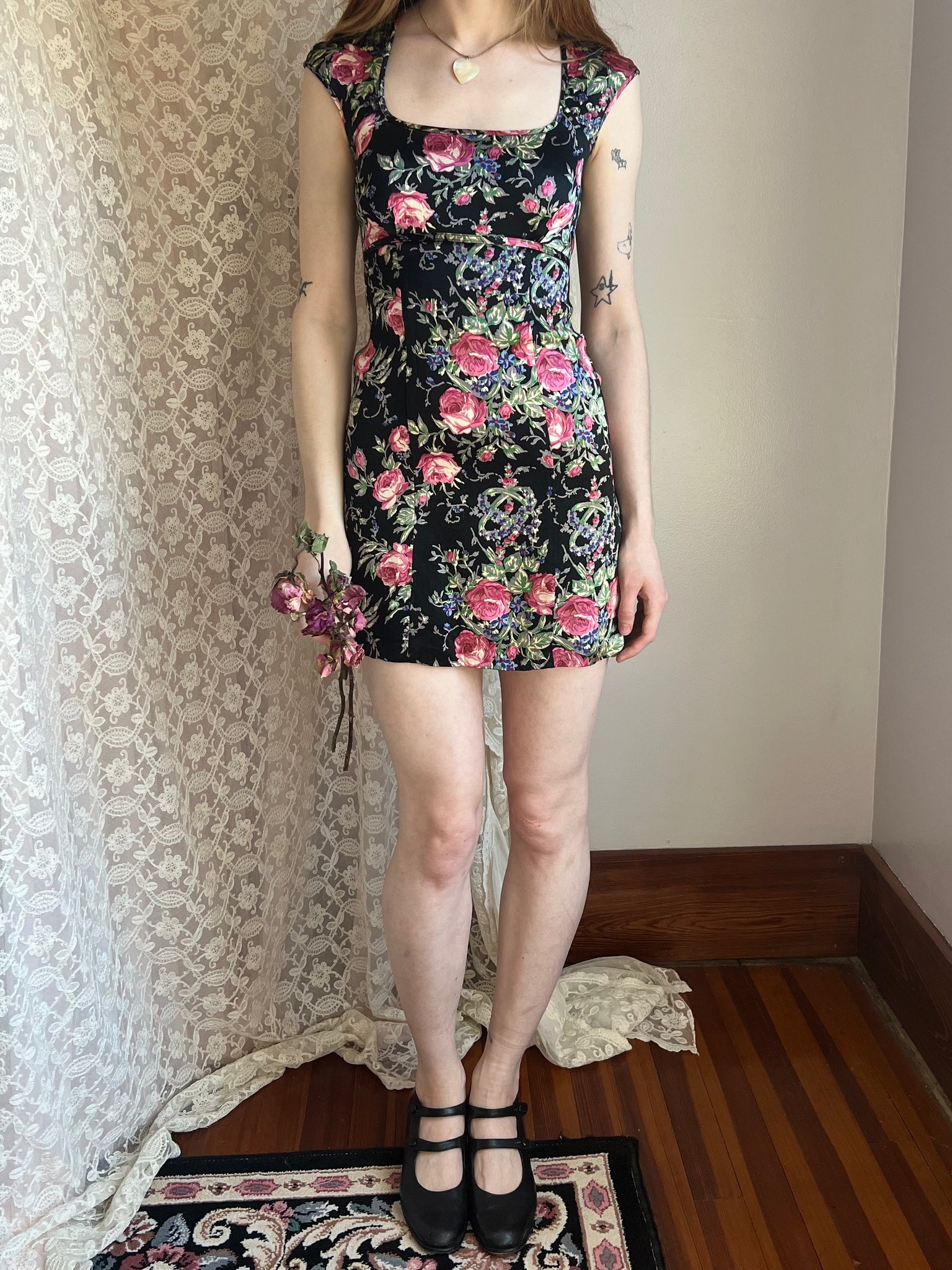 1990s Rose Print Black Pink Satin Betsey Johnson Mini Dress Breath Of the Earth 1990s Rose Print Black Pink Satin Betsey Johnson Mini Dress Breath Of the Earth