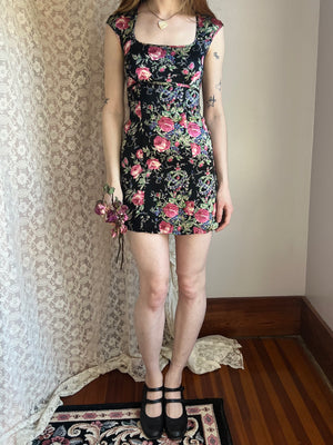 1990s Rose Print Black Pink Satin Betsey Johnson Mini Dress – Breath Of the Earth 1990s Rose Print Black Pink Satin Betsey Johnson Mini Dress – Breath Of the Earth