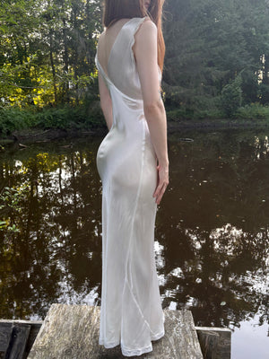 1940s Rayon Satin White Bias Cut Slip Dress Lace Wedding Gown