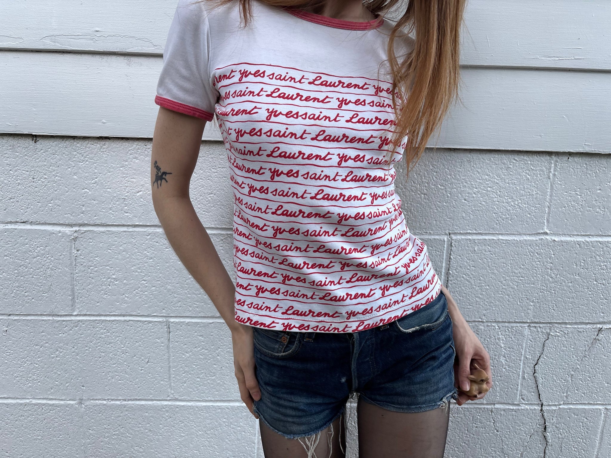 1980s Yves Saint Laurent Script Red White Ringer Tee T Shirt Short Sleeve