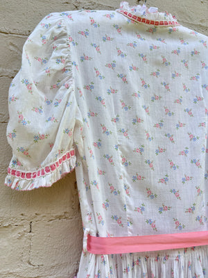 1930s White Cotton Floral Bias Cut Slip Dress Peignoir Set Puff Sleeves Pink Ribbon Rose Floral