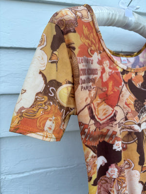 1970s Art Nouveau Woman Face Mucha Print Bodysuit