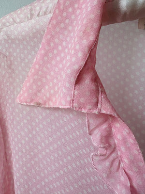 1990s Silk Chiffon Dot Print Button Up Blouse Pink White