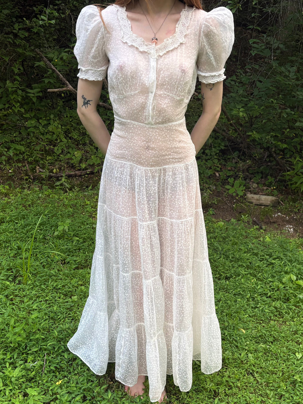 1940s Silk Orgnaza Floral Printed Ruffle Sheer Puff Sleeve Dress Wedding Gown