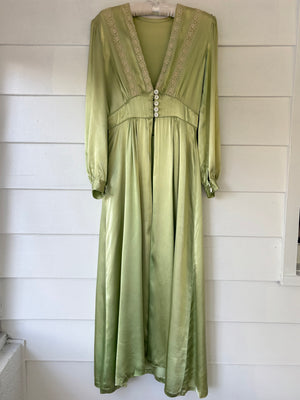 1940s Green Rayon Satin Lace Robe Peignoir