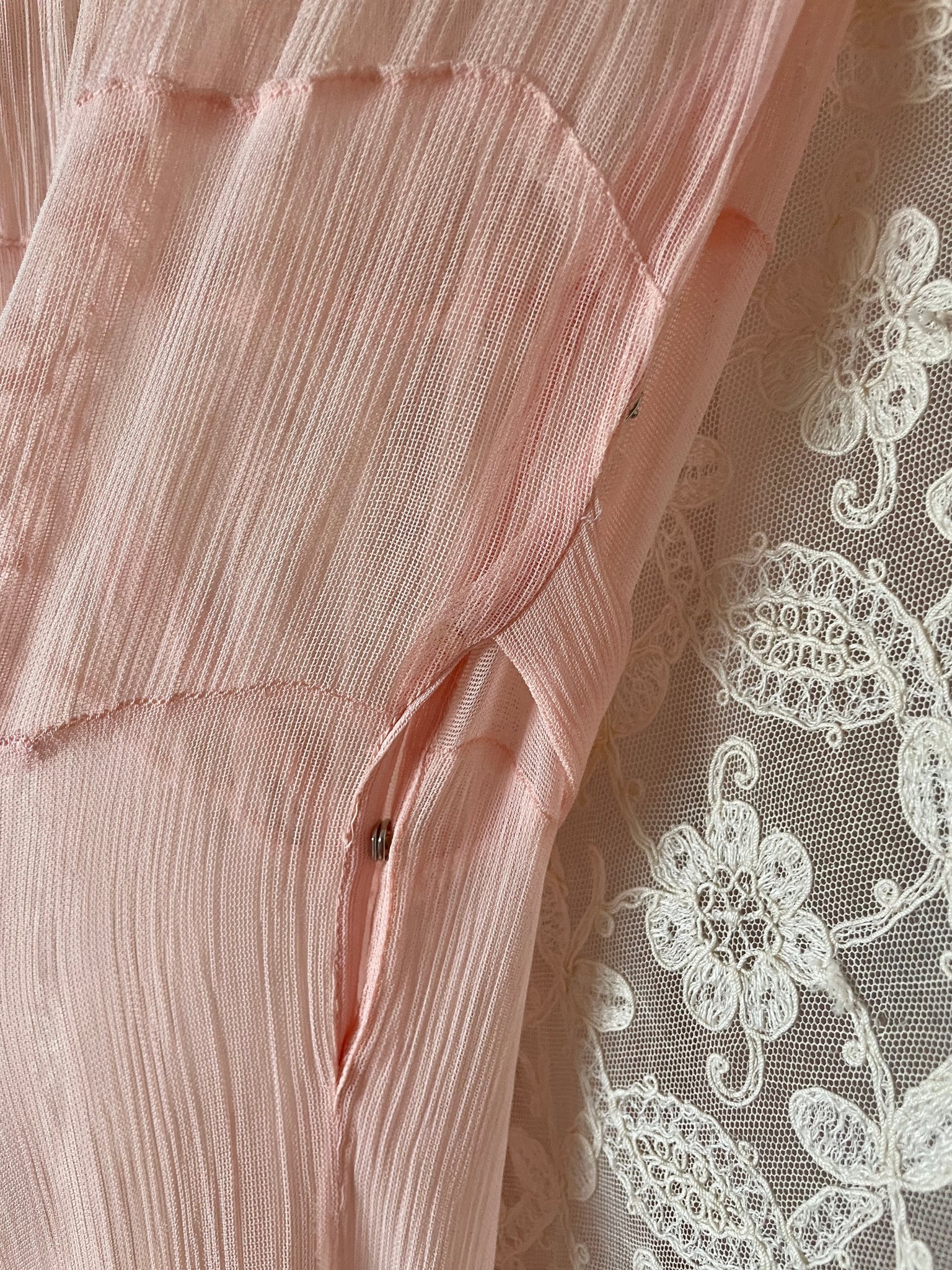 1940s Lace Up Puff Sleeve Sheer Pink Rayon Dress Gown