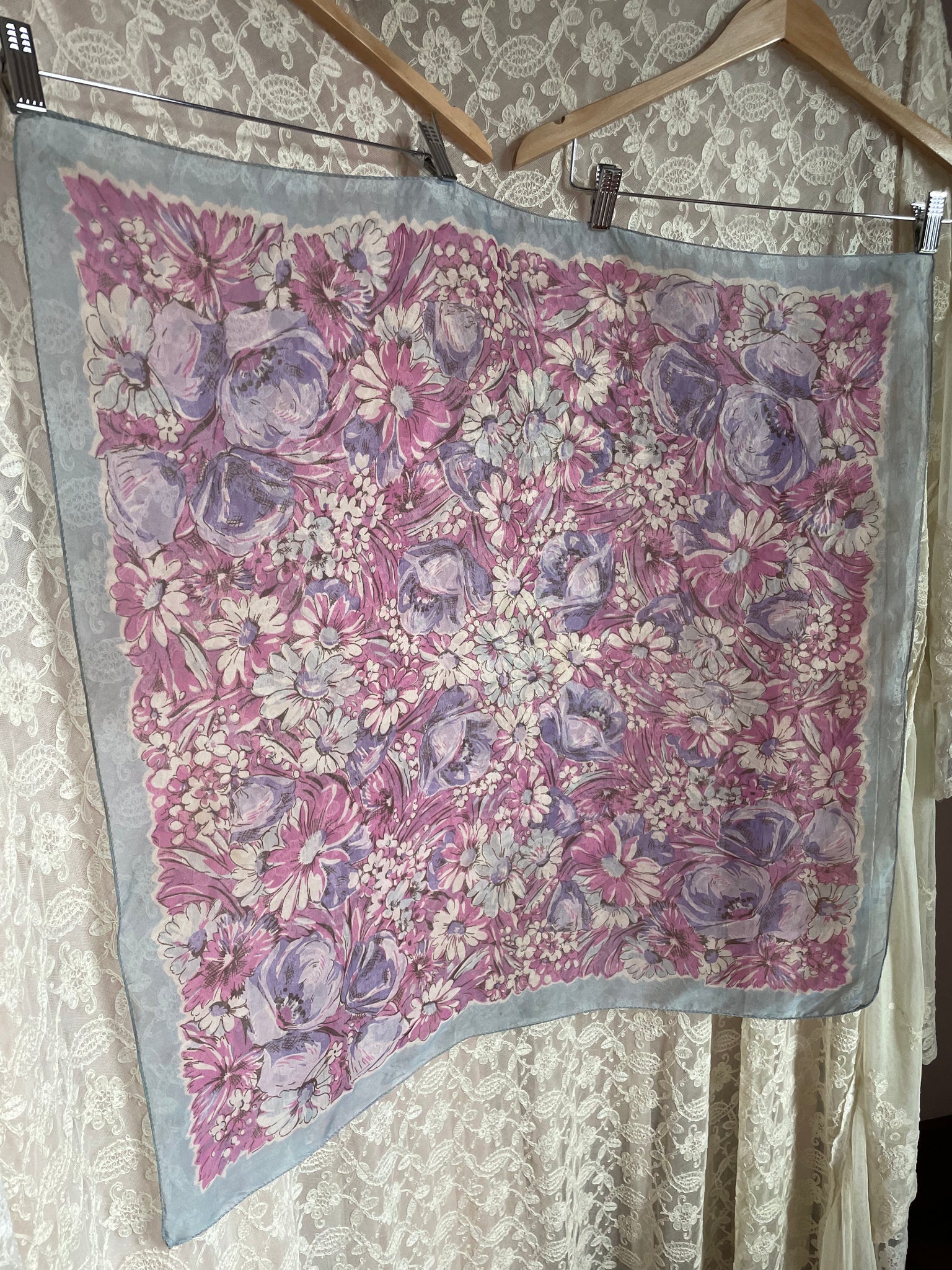 1940s Rayon Floral Scarf Pink Purple