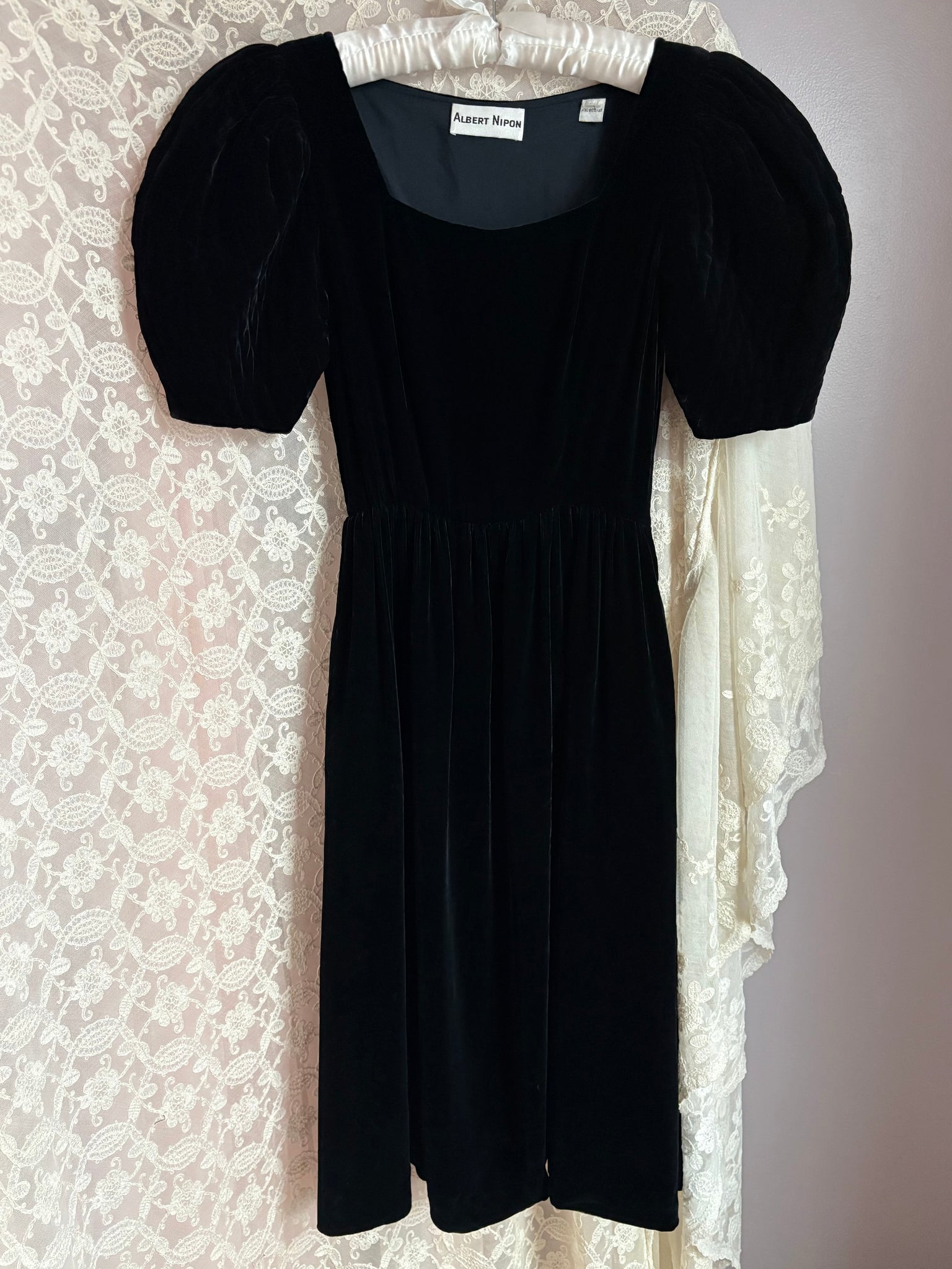 1980s Black Velvet Dress Puff Sleeve Albert Nipon