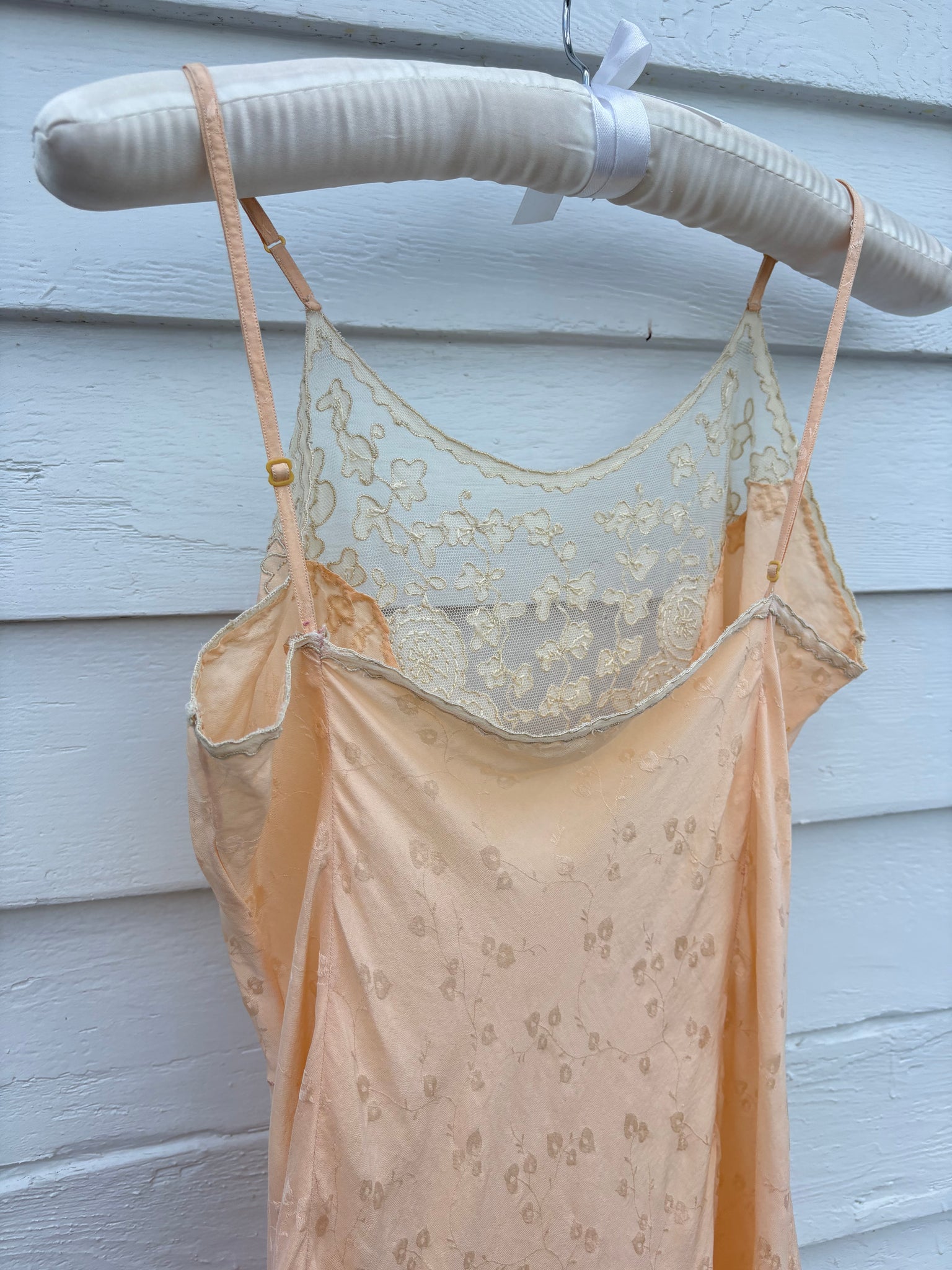 1940s Peach Brocade Silk Cream Net Floral Appliqué Bias Cut Slip Midi Dress