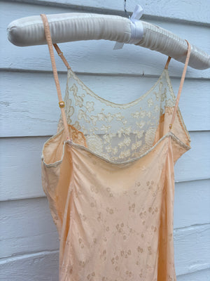 1940s Peach Brocade Silk Cream Net Floral Appliqué Bias Cut Slip Midi Dress