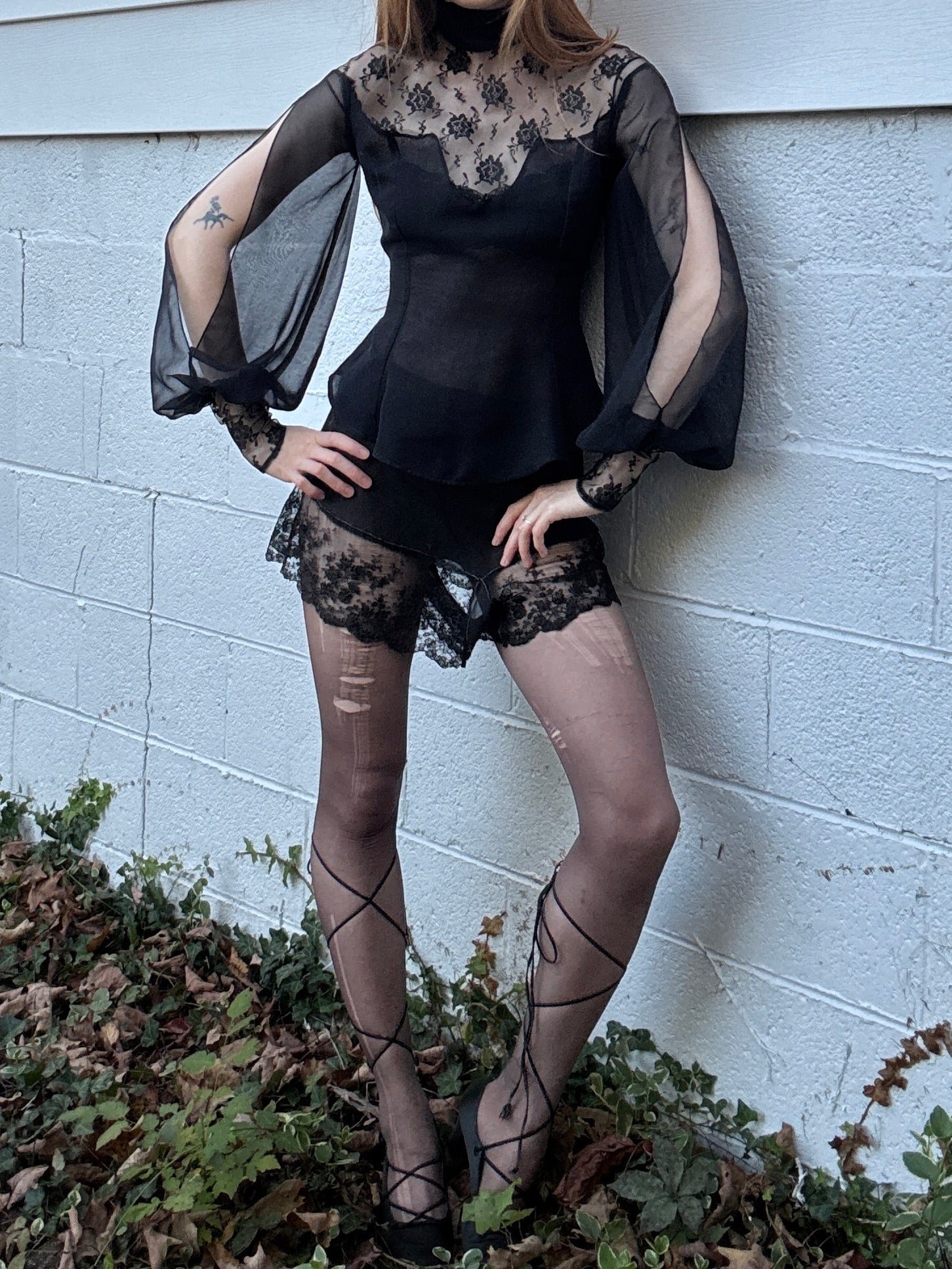 1970s Victorian Style Black Floral Mesh Sheer Lace Long Balloon Sleeve Blouse