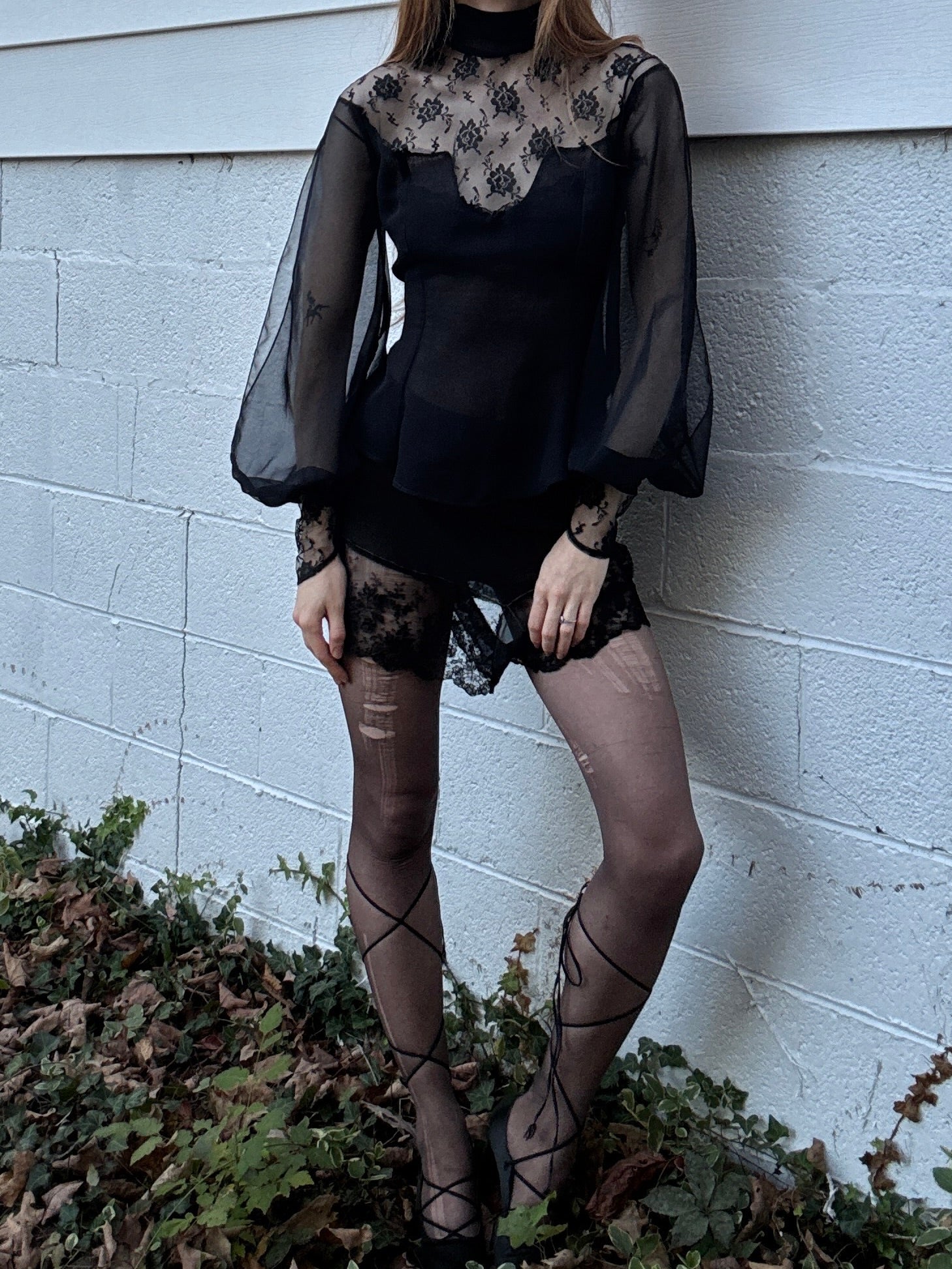 1970s Victorian Style Black Floral Mesh Sheer Lace Long Balloon Sleeve Blouse