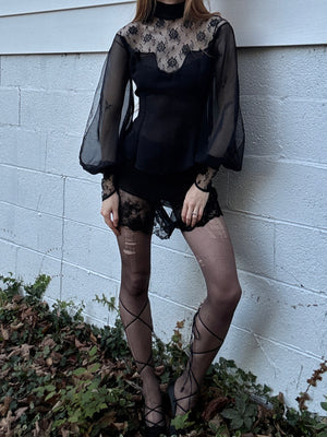 1970s Victorian Style Black Floral Mesh Sheer Lace Long Balloon Sleeve Blouse