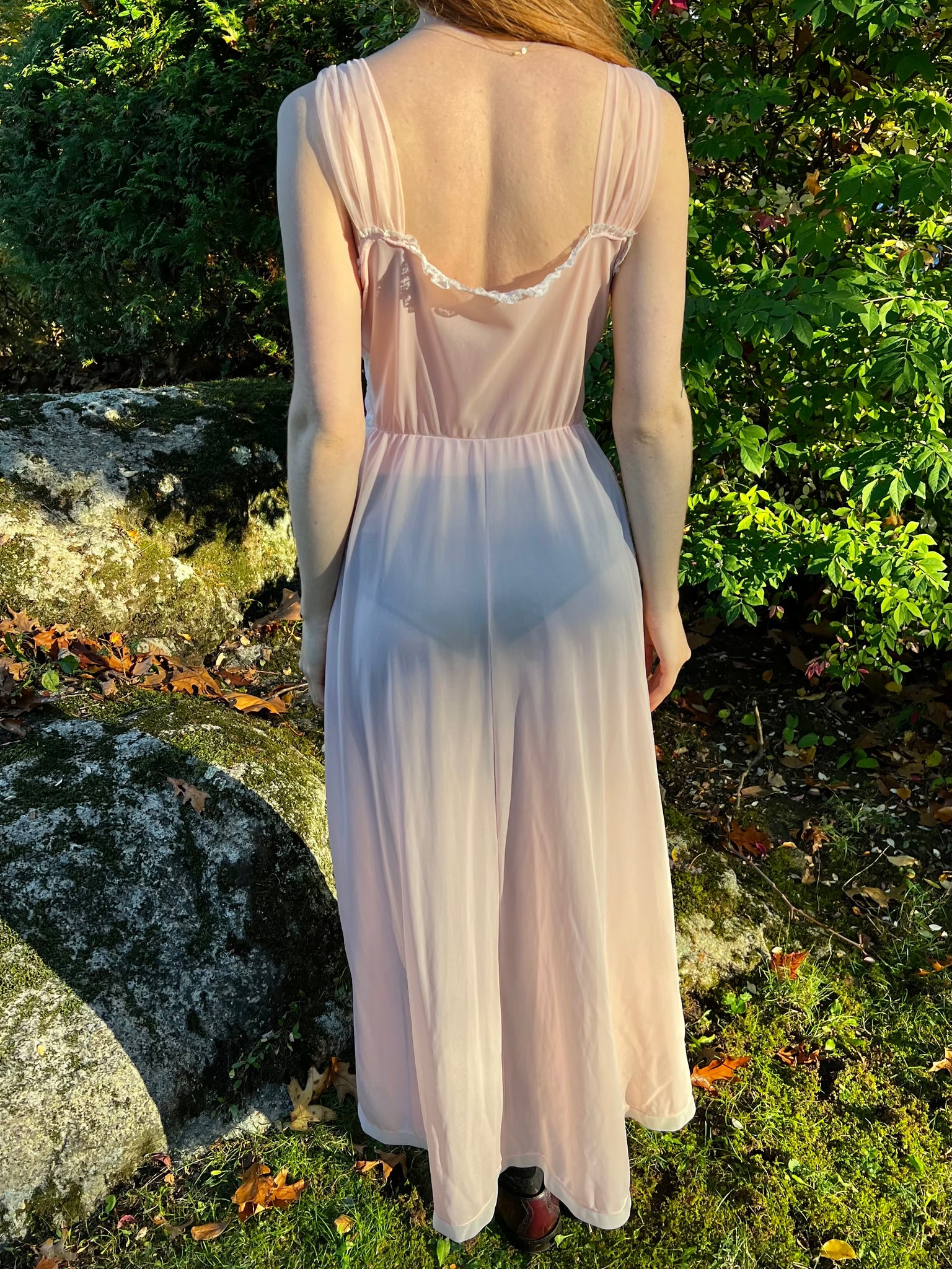 1940s Pink Nylon Sheer Lace Ruched Stomach Slip Dress
