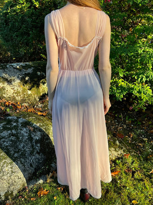 1940s Pink Nylon Sheer Lace Ruched Stomach Slip Dress