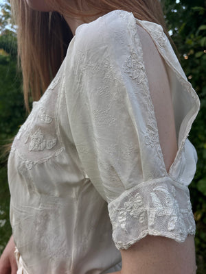 1940s Silk Brocade White Bias Cut Slip Dress Net Mesh Appliqué Lace Wedding Gown Open Sleeves