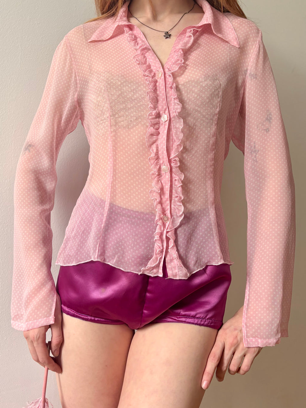 1990s Silk Chiffon Dot Print Button Up Blouse Pink White