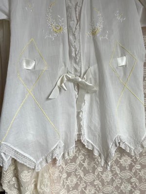 1900s White Cotton Embroidered Yellow Ribbon Tie Top