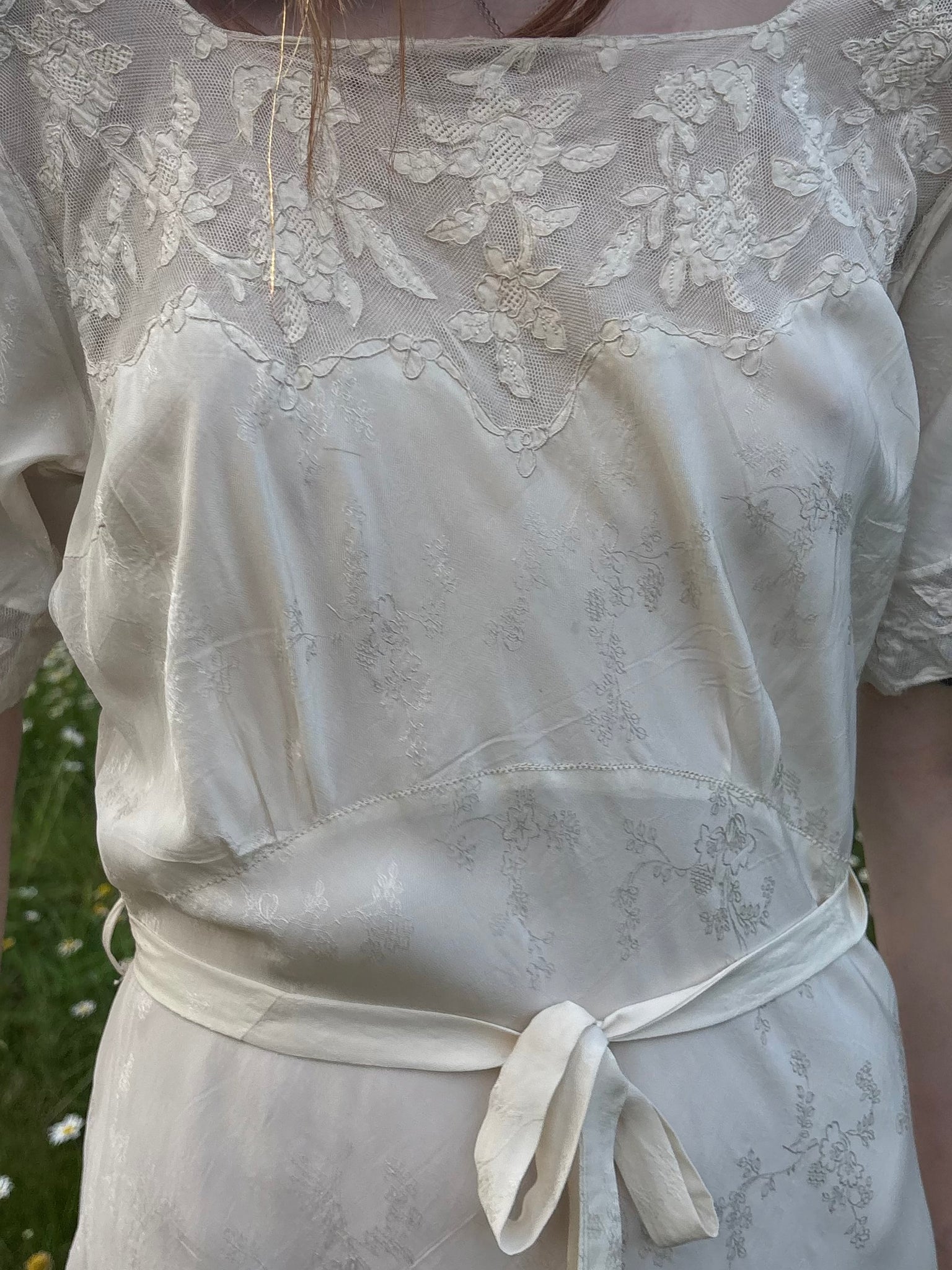 1940s Silk Brocade White Bias Cut Slip Dress Net Mesh Appliqué Lace Wedding Gown Open Sleeves