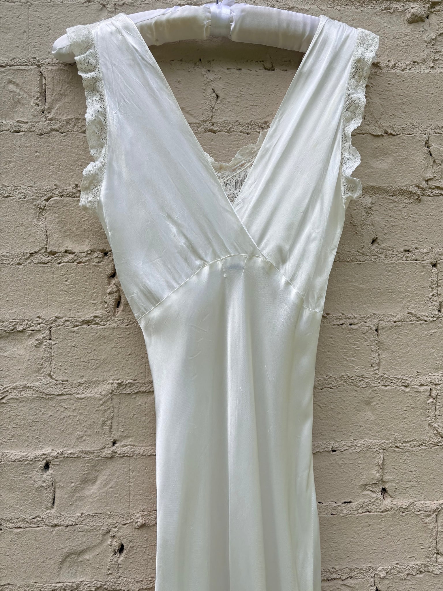 1940s Rayon Satin White Bias Cut Slip Dress Lace Wedding Gown