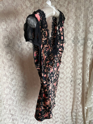 2000s Betsey Johnson Satin Blouse Black Floral Sheer Puff Sleeves