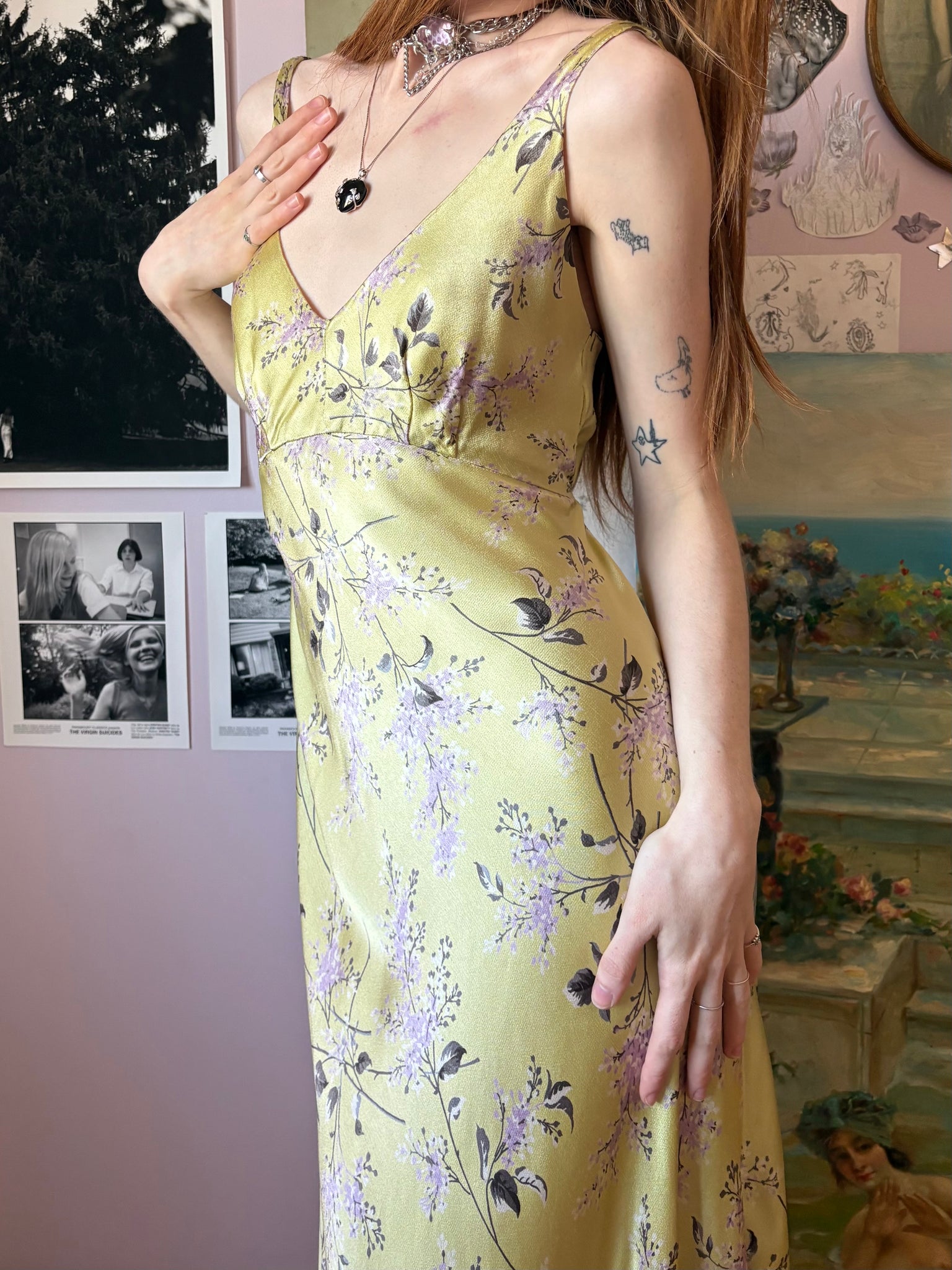 1990s Betsey Johnson Floral Print Bias Cut Dress Gown Light Green Lilac Purple Satin