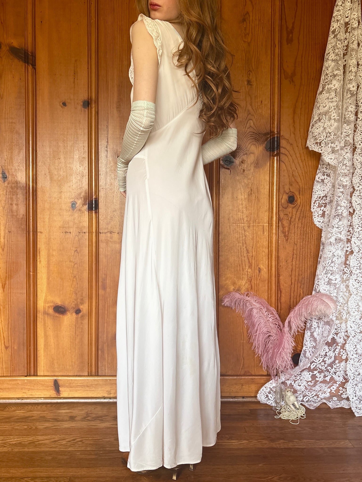 1940s Pale Pink White Lace Bias Cut Slip Dress